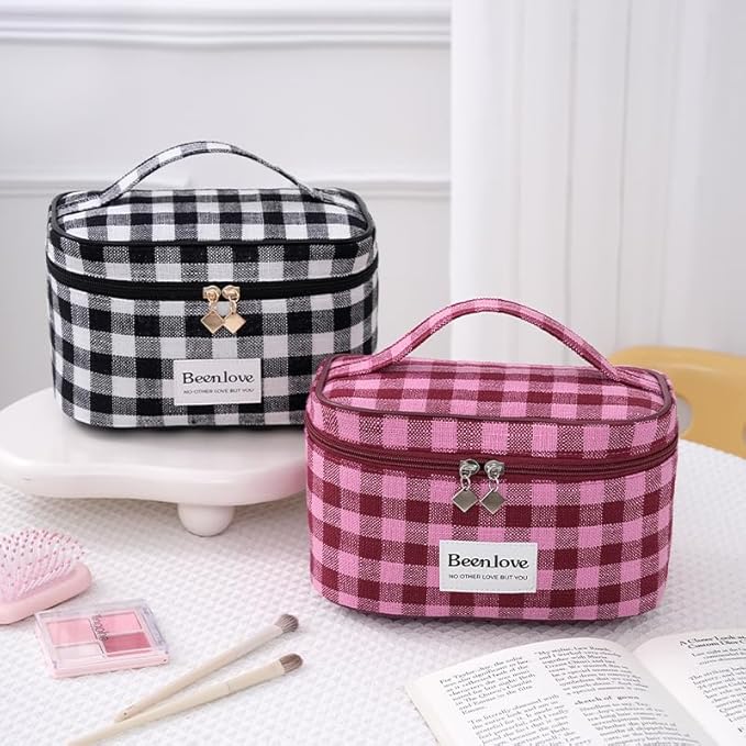FAELBATY Makeup Bags for Women, 3 PCS Large Travel Makeup Bag Set, Checkered Fabric Cosmetic Bag for Toiletry (Black)