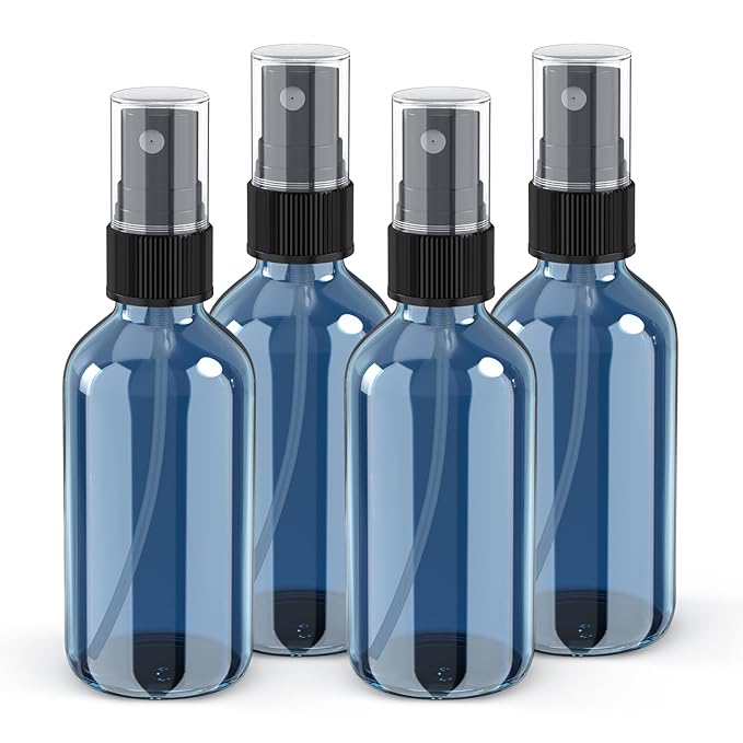 Wedama 2 oz Mini Glass Spray Bottles, Empty Small Spray Bottles with Funnel Dropper, Fine Mist for Hair, Travel, Plants, Cleaning Solutions and Skin Care (4 Pack Indigo Blue)