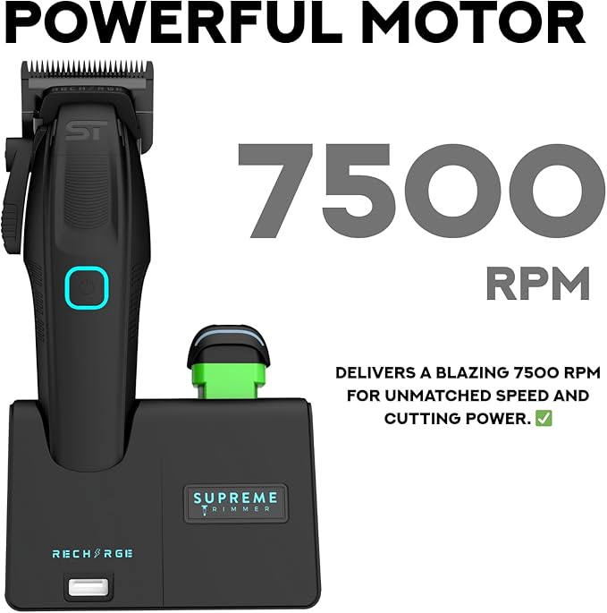 Supreme Trimmer Recharge Clipper - Professional Hair Clipper with 2 Removable Batteries, Brushless Motor, Smart Charge Stand, USB-C Charge & DLC Blades Barbers | STC779