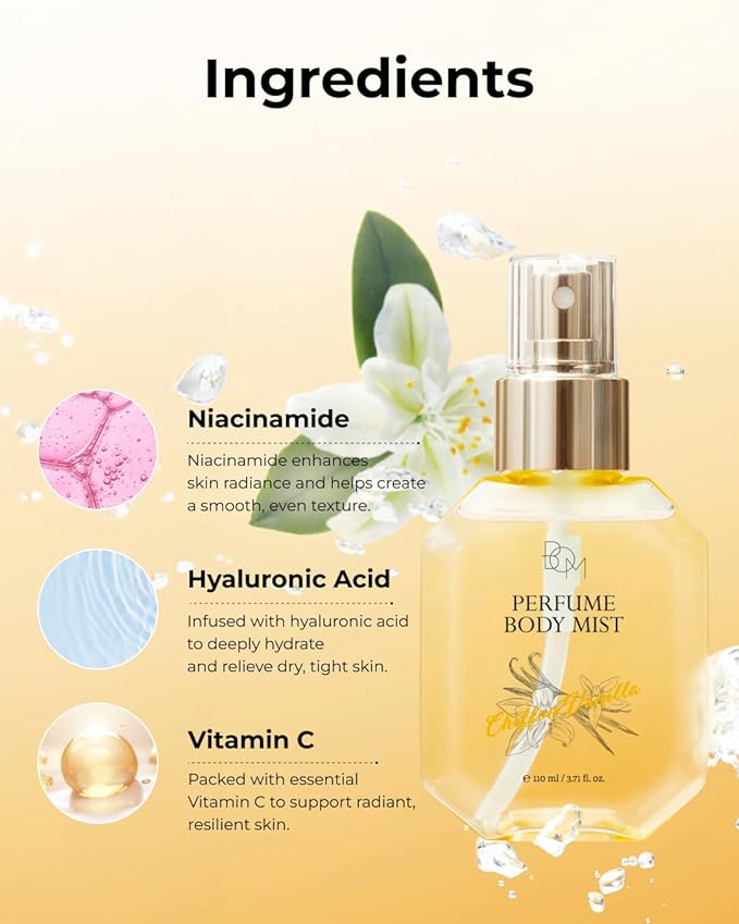 BOM Chiffon Vanilla Body Mist 3.71 Fl Oz, Vanilla Scented Fine Mist with Hyaluronic Acid, Niacinamide & Vitamin C, Hydrating, Lightweight, Long Lasting Fragrance, Korean Skincare