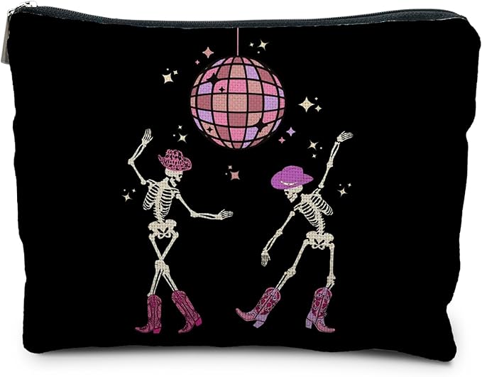 Funny Disco Dancing Skeleton Makeup Bag, Goth Gothic Skull Cosmetic for Women, Halloween Gifts, Dark Academia Makeup Pouch, Horror Bag
