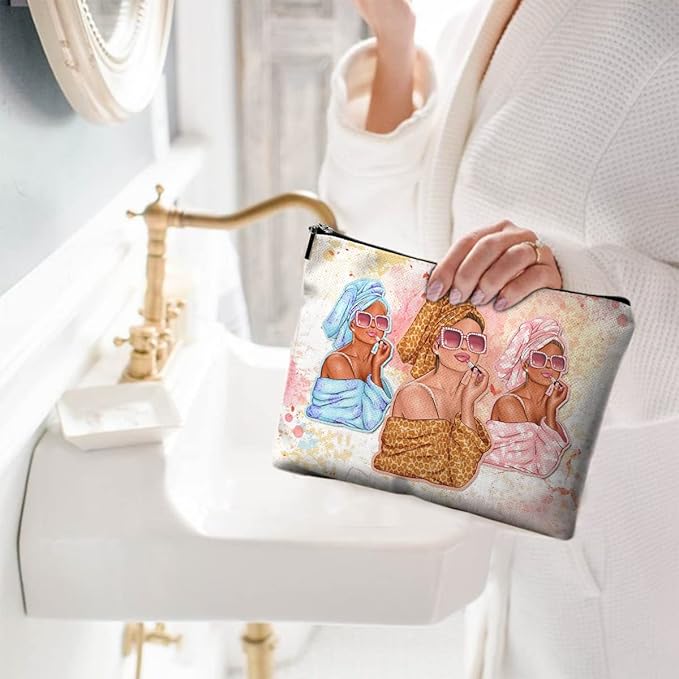 Cute Makeup Bag for Purse Canvas Waterproof Funny Cosmetic Bags for Women Zipper Travel Toiletry Pouch-Fashion Clipart African American Makeup Bags