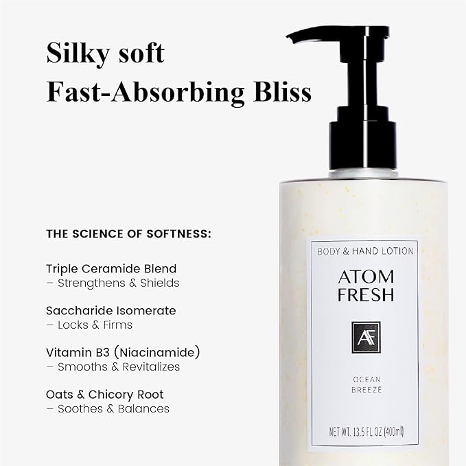 Atom Fresh Body Lotion for Women, Hydrating & Firming Body Moisturizer for Dry Skin, Ceramide & Niacinamide Skin Barrier, Non-Greasy Vitamin E Lotion, Rose Fressia Oud Scent, 13.5 fl oz