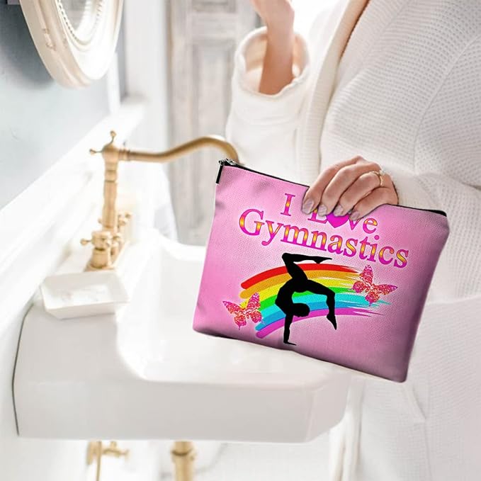 Cute Makeup Bag for Purse Canvas Waterproof Funny Cosmetic Bags for Women Zipper Travel Toiletry Pouch-I Love Gymnastics Makeup Bags-Pink