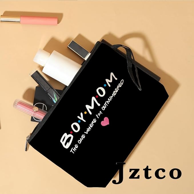 Jztco Boy Mama Makeup Bag, Baby Shower Gifts for Mom First Time, Christmas Birthday Unique Cosmetic Bag Funny Mothers Day, New Mom Gifts - Boy Mama The One Where I'm Outnumbered, Black