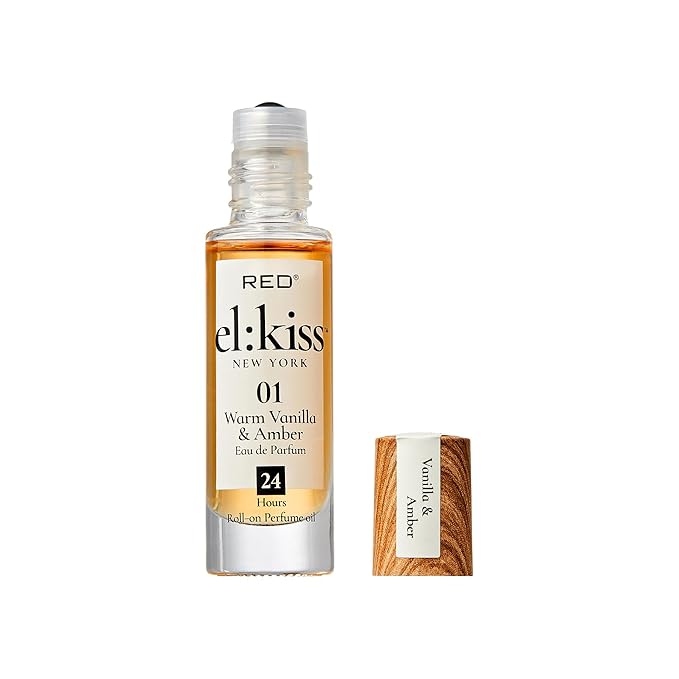EL:KISS Roll On Perfume, Warm Vanilla & Amber Eau de Parfum 12mL (.40 Fl Oz), Hydrating & Long-Lasting, Alcohol-Free & Mineral Oil-Free, Infused with Jojoba, Argan & Coconut Oil