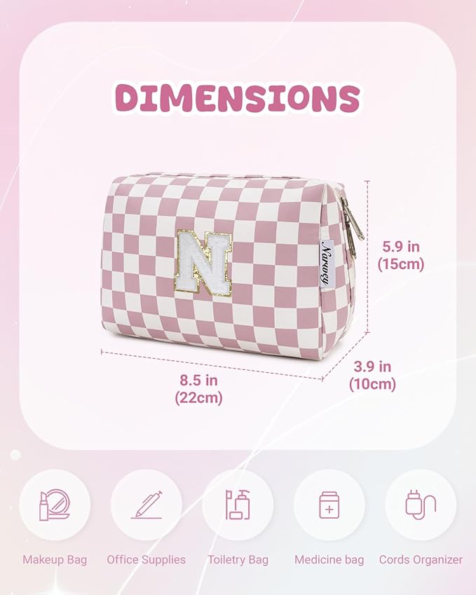 Narwey Birthday Gifts for Teen Girls Kids Women Personalized Initial Checkered Makeup Bag Pink Monogram Cosmetic Bag Trendy Stuff 6 8 10 11 12 13 14 16 18 Years Old Travel Toiletry Bag (Dusty Rose N)