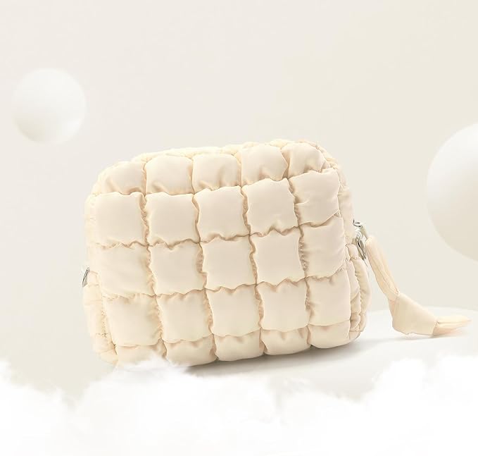 Puffy Quilted Makeup Bag Small Puffer Bag Cosmetic Bags Travel Toiletry Purse for Women, Cute Organizer Pouch, Beige
