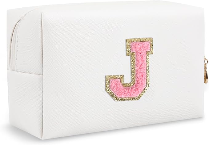 Personalized Preppy Small Travel Makeup Bag, Initial Chenille Letter White Makeup Bag Cosmetic Pouch Toiletry Organizer, PU Leather Waterproof Makeup Storage Cute Preppy Stuff for Women(Letter J)