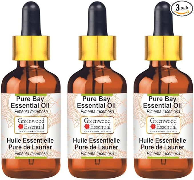 Greenwood Essential Pure Bay Essential Oil (Pimenta racemosa) with Glass Dropper Steam Distilled (Pack of Three) 100ml X 3 (10.1oz)