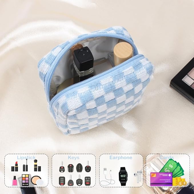 2 Pieces Makeup Bag Set, Small Blue Checkered Cosmetic Bag Travel Toiletry Organizer Mini Cosmetic Pouch Case Makeup Brushes Cute Quilted Aesthetic Accessories Storage Bag for Women