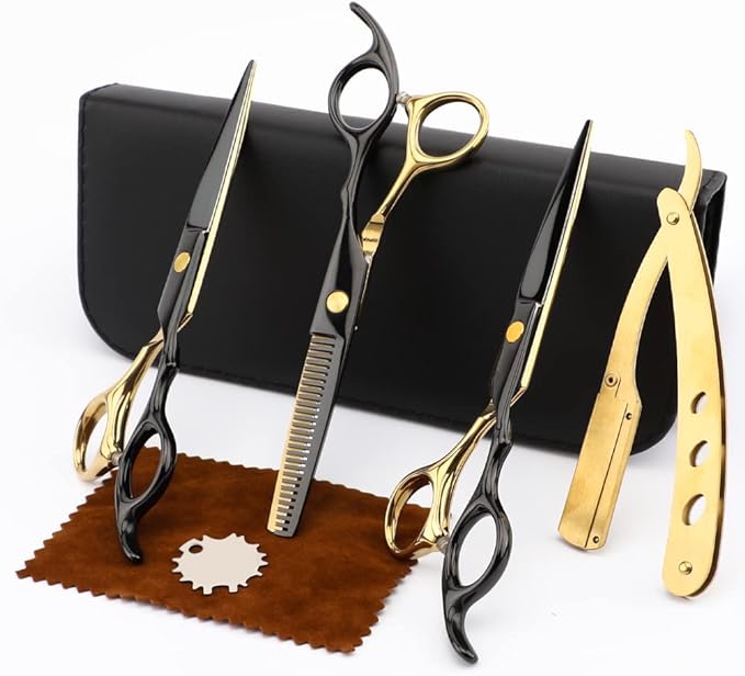 Professional Black Gold Hairdressing Scissors Stainless Steel Barber Hair Cutting Sets Salon Multifunctional Straight Shears Teeth Scissors Thinning Shears Tools for Mother Father's Gift