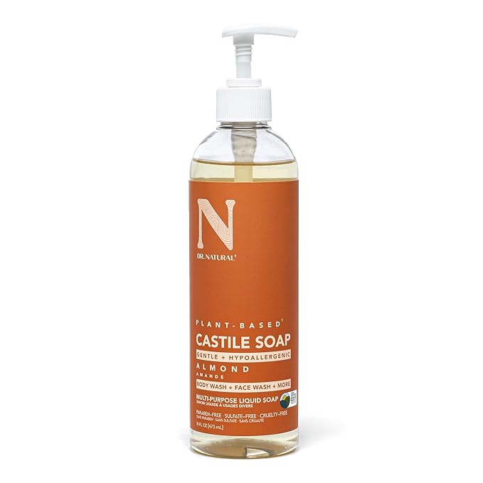 Dr. Natural Castile Liquid Soap - Multi-Use Body Wash, Shampoo and Face Wash - Hydrating Body Soap for Skin, Hair, Pets and Home - Almond - 16 oz