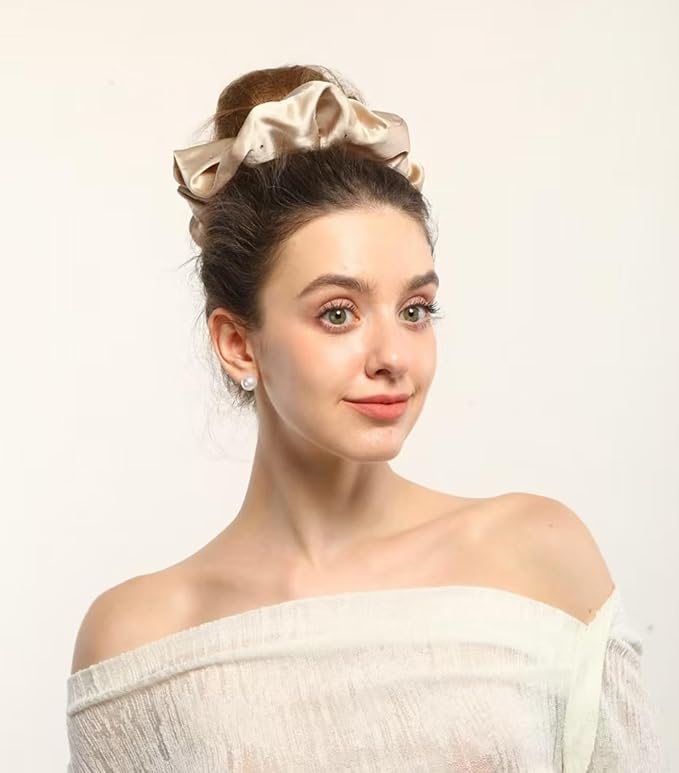 100% Mulberry Silk Scrunchies for Women Ponytail Holders – Plus Rhinestone-Embellished Design for Curly, No Damage Hair Ties for Curly, Thick, and Thin - Hair Accessories for Women (Champagne)