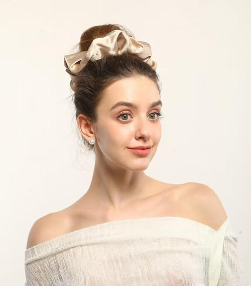 100% Mulberry Silk Scrunchies for Women Ponytail Holders – Plus Rhinestone-Embellished Design for Curly, No Damage Hair Ties for Curly, Thick, and Thin - Hair Accessories for Women (Champagne)