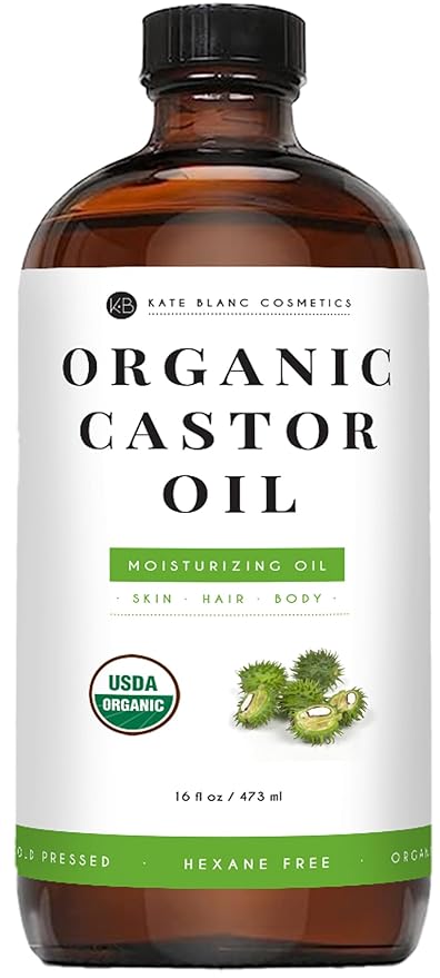 Kate Blanc Cosmetics Castor Oil for Face, Hair & Skin (16oz, Organic, Cold Pressed, Hexane-Free) Moisturizer for Eyelashes, Eyebrows, and Scalp