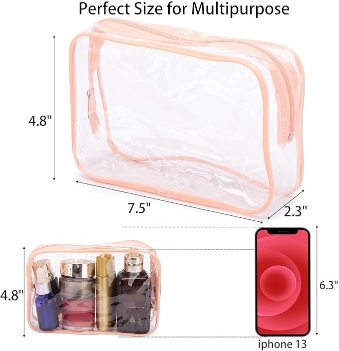 Tbestmax 10 Pcs Clear Cosmetic Bags Small Makeup Bags Portable Waterproof Travel Toiletry Bags Organizer Peach Pink, 7.5"x 4.8"x 2.3"