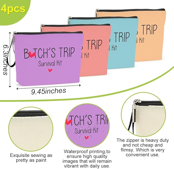 4Pcs Girls Trip Gifts Favors Weekend Bag Funny Makeup Bag Girls Weekend Gifts Friendship Weekender Bags for Women Girl Bestie Cosmetic Bags Zipper Pouch Wedding Birthday Bachelorette Party
