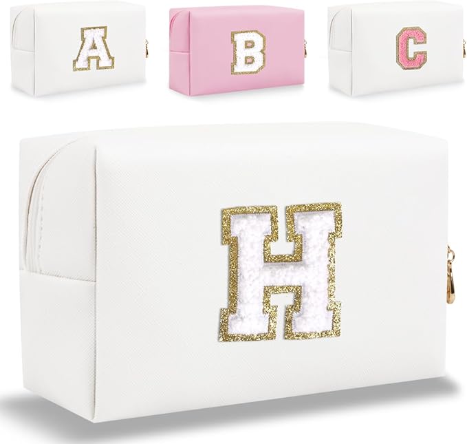 Small Personalized Letter Makeup Bag, Cute PU Leather Chenille Letters Cosmetic Bag Travel Makeup Pouch, Preppy Travel Organizer Zipper Pouch for Women&Girls（White-H）