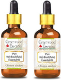 Greenwood Essential Pure Holy Basil Essential Oil (Ocimum Sanctum) with Glass Dropper Steam Distilled (Pack of Two) 100ml X 2 (6.76 oz)