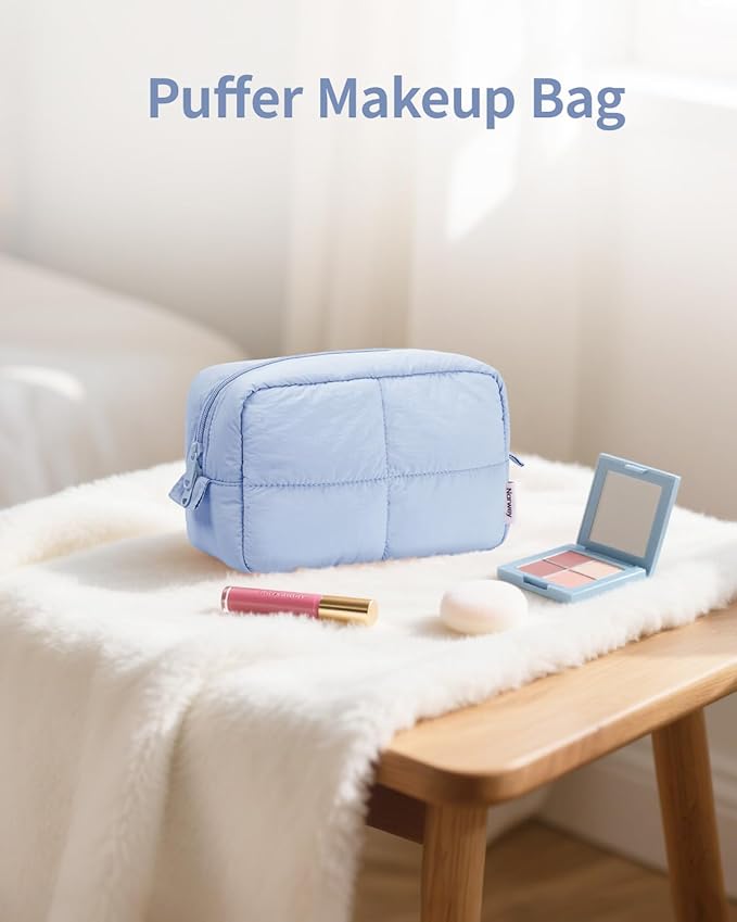 Narwey Puffy Makeup Bag for Travel Women Girl, Quilted Makeup Bag Cosmetic Bag, Cute Puffer Make Up Organizer Bags, Travel Toiletry Bag Toiletries (Blue)