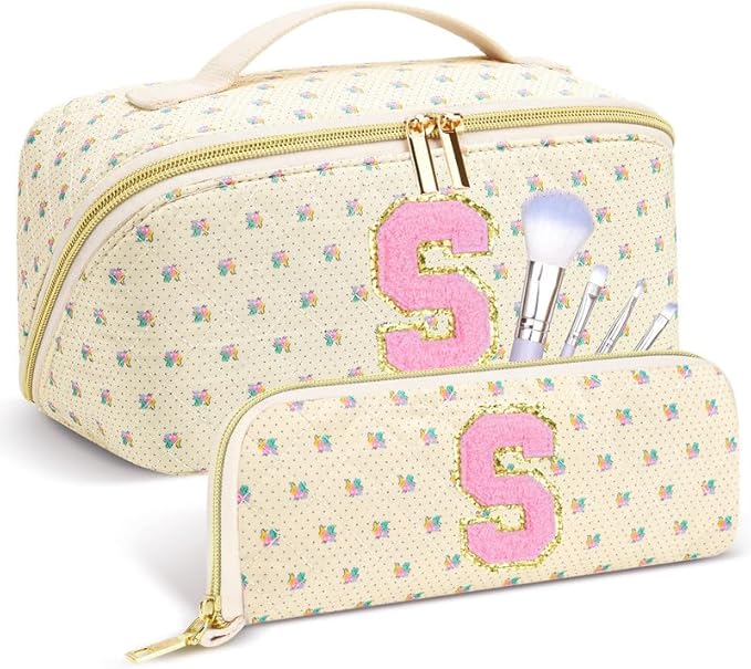 Personalized Travel Makeup Bag Set,Initial Travel Cute Floral Makeup Organizer Bag,Toiletry Skincare Cosmetic Bag,Christmas Gifts for Women/Girls,Open Flat Toiletry Pouch with Brush Pocket-S
