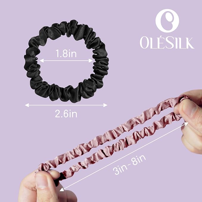 OLESILK Silk Hair Ties for Women: 100% Mulberry Skinny Silk Scrunchies, Soft Smooth No Damage No Crease for Thin Fine Curly Hair 5 Pack, Coffee