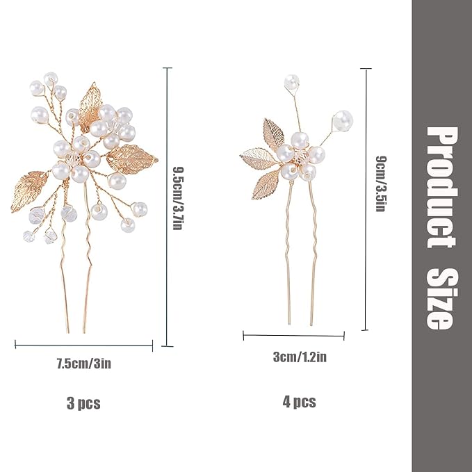 BOYIVI 7 Pieces Wedding Hair Pins Gold Leaf, Elegant Flower Hair Accessories for Brides Bridesmaids Girls Pearl Alloy Material Hair Styling Pins with Crystal, Vintage Bohemian Style