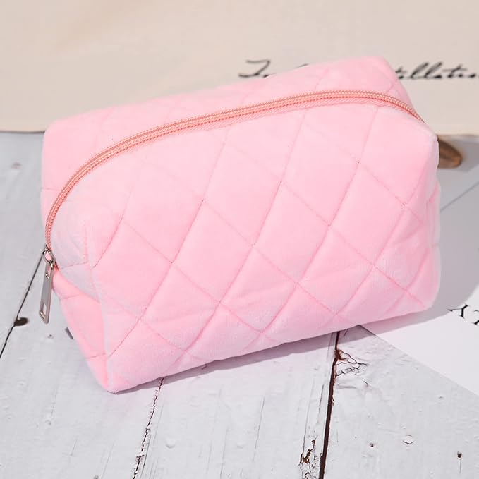 SOIDRAM 2 Pieces Makeup Bag Checkered Cosmetic Bag Plush Pink White Makeup Pouch Travel Toiletry Bag Organizer Cute Makeup Brushes Storage Bag for Women