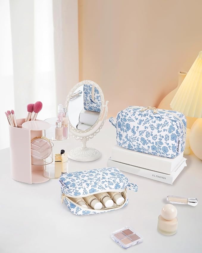 Narwey Cute Makeup Bag Small Toiletry Bag Travel Cosmetic Bag Organizer Make Up Bags with Organized Pockets for Women (Little Blue Flower, Large)
