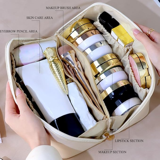 Makeup Bag Cosmetic Bag,Portable Pouch Open Flat Toiletry Bag Make up Organizer with Divider, Handle and small cosmetic bag Travel Essentials (Ivory)