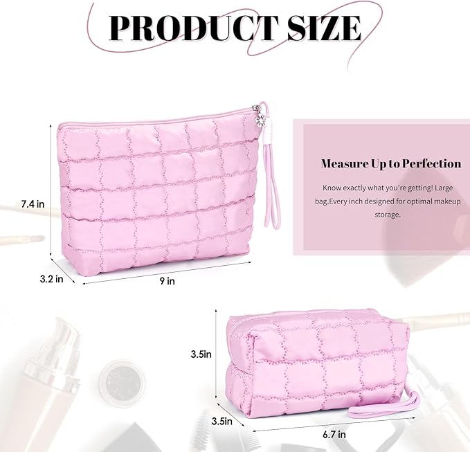 Richeart Makeup Bag Travel Toiletry Bag - Checkered Down Cotton Makeup Pouch for Women with Cosmetic and Pencil, Aesthetic Pink Design, 2 Pieces