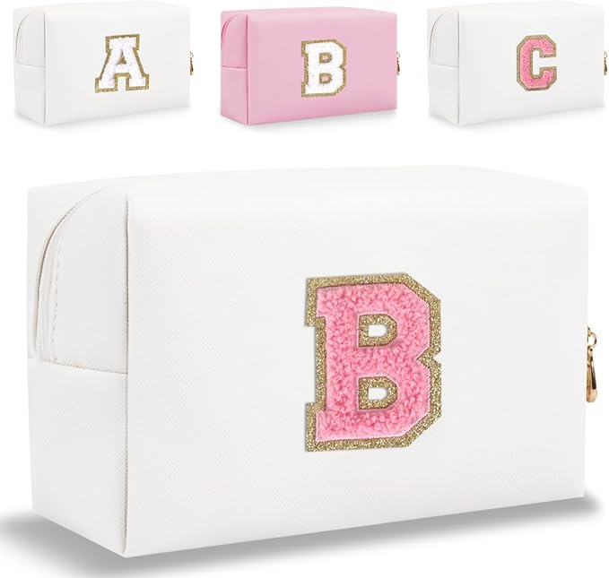 Small Personalized Letter Makeup Bag, Cute PU Leather Chenille Letters Cosmetic Bag Travel Makeup Pouch, Preppy Travel Organizer Zipper Pouch for Women&Girls（WhitePink-B）