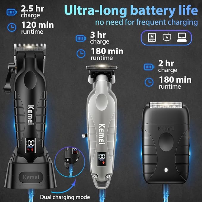 KEMEI Hair Clippers for Men Professional, Barber Clippers and Trimmers Set, Foil Shaver for Men,Cordless Hair Clippers and Barber Kit, Hair Cutting Kit, KM-2293Silver, KM-PG2290D, KM-T95