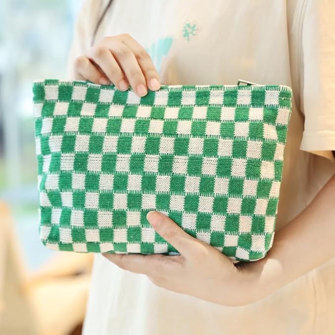 2 Pieces Makeup Bag Set, Small Checkered Cosmetic Bag Travel Toiletry Organizer Mini Green Cosmetic Pouch Case Makeup Brushes Quilted Aesthetic Accessories Storage Bag for Women (Large+Mini Green)