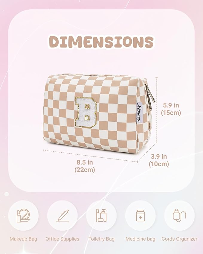 Narwey Birthday Gifts for Women Teen Girls Kids Personalized Initial Checkered Makeup Bag Cute Cosmetic Bag Trendy Stuff 6 8 10 11 12 13 14 16 18 Years Old Travel Toiletry Bag (Brown Letter B)