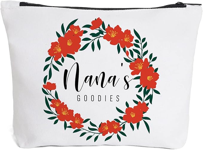 Funny Nana Makeup Zipper Pouch Bag | Floral Nana's Goodies Cosmetic Travel Accessories Bag Make-Up Toiletry Case Pouch Gifts for Mother's Day Christmas Baby Shower