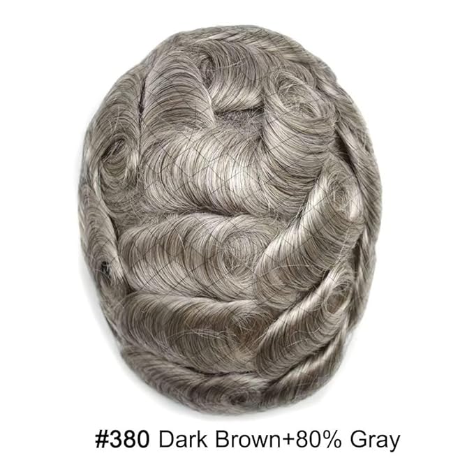 FACE MIRACLE Hair System for Men French Lace Mens Toupee Human Hair Replacement System Lace with PU Toupee for Men Male Hair Piece Wigs 6"X9" #380 Dark Brown with 80% Gray