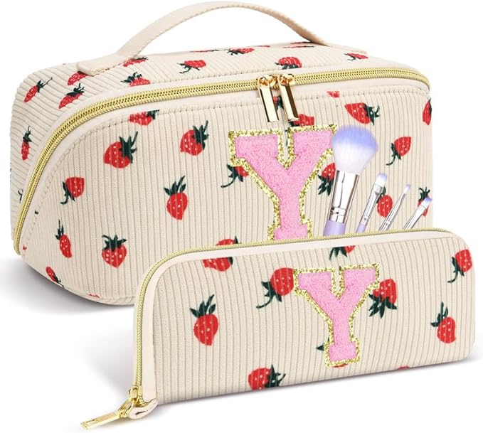 Personalized Travel Makeup Bag Set,Initial Travel Strawberry Makeup Organizer Bag,Toiletry Skincare Cosmetic Bag,Christmas Gifts for Women/Girls,Open Flat Toiletry Pouch with Brush Pocket-Y