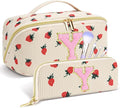 Personalized Travel Makeup Bag Set,Initial Travel Strawberry Makeup Organizer Bag,Toiletry Skincare Cosmetic Bag,Christmas Gifts for Women/Girls,Open Flat Toiletry Pouch with Brush Pocket-Y