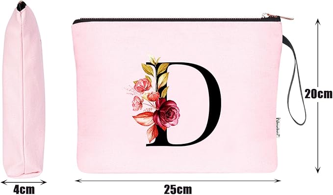 Vavabox A-Z Personalized Makeup Bag, Birthday Gifts for Women Mom, Gifts for Best Friend, Bride Bridesmaid Cosmetic bag (D, Pink)
