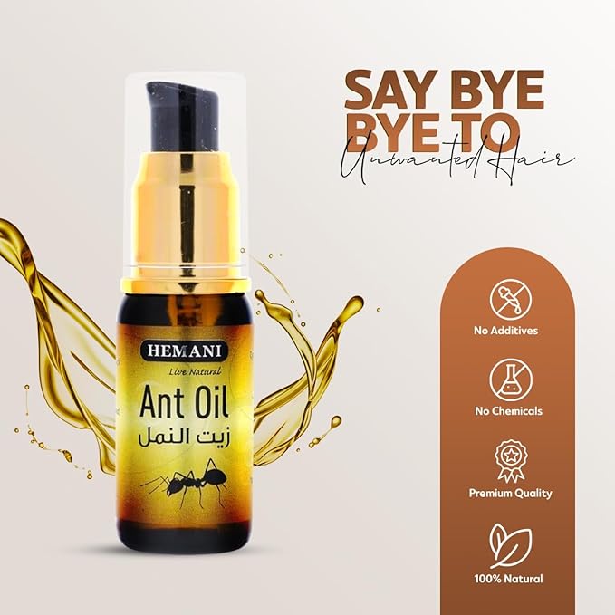 Hemani Ant Oil 30ml - Natural Hair Inhibitor & Hair Growth Reducer for Women & Men, Hair Removal Oil for Post-Hair Removal Care, Smooth Skin Solution, External Use Only