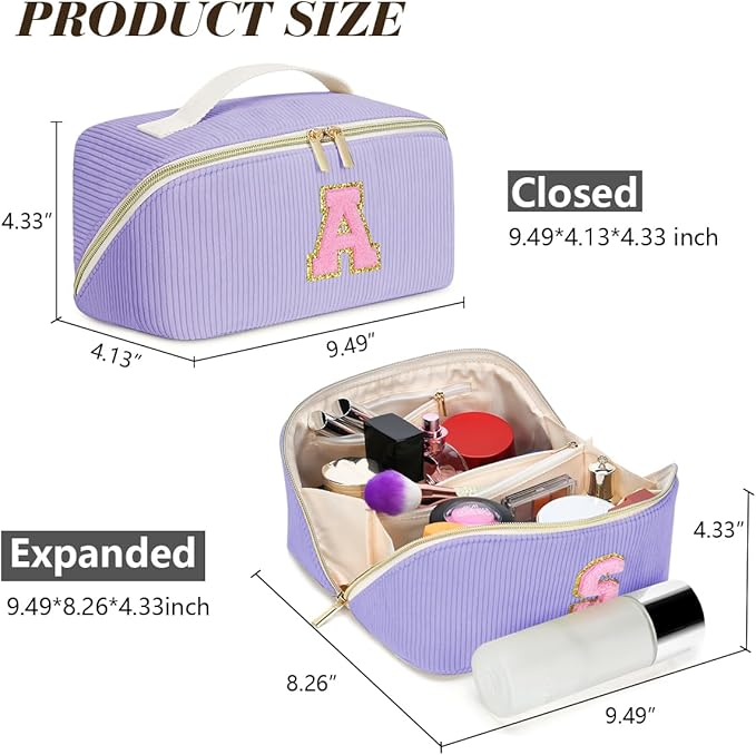 Personalized Initial Makeup Bag,Christmas Gifts for Girl,Preppy Bag Cosmetic Travel Bag Women,Travel Toiletry Organizer,Large Capacity Corduroy Stuff Bag,Cute Cosmetic Pouch Skincare Bag-Q