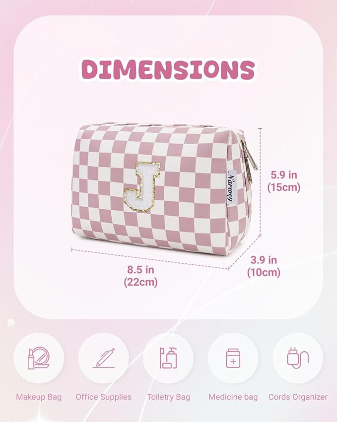 Narwey Birthday Gifts for Teen Girls Kids Women Personalized Initial Checkered Makeup Bag Pink Monogram Cosmetic Bag Trendy Stuff 6 8 10 11 12 13 14 16 18 Years Old Travel Toiletry Bag (Dusty Rose J)
