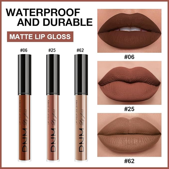AMY'S DIARY 3Pcs Matte Liquid Lipstick Set, Dark Chocolate Brown Terracotta Brown Taupe Nude Lip Stain Kit, LipStain Long Lasting 24 Non-Transfer Lip Gloss, Waterproof Lip Makeup for Women Lippies