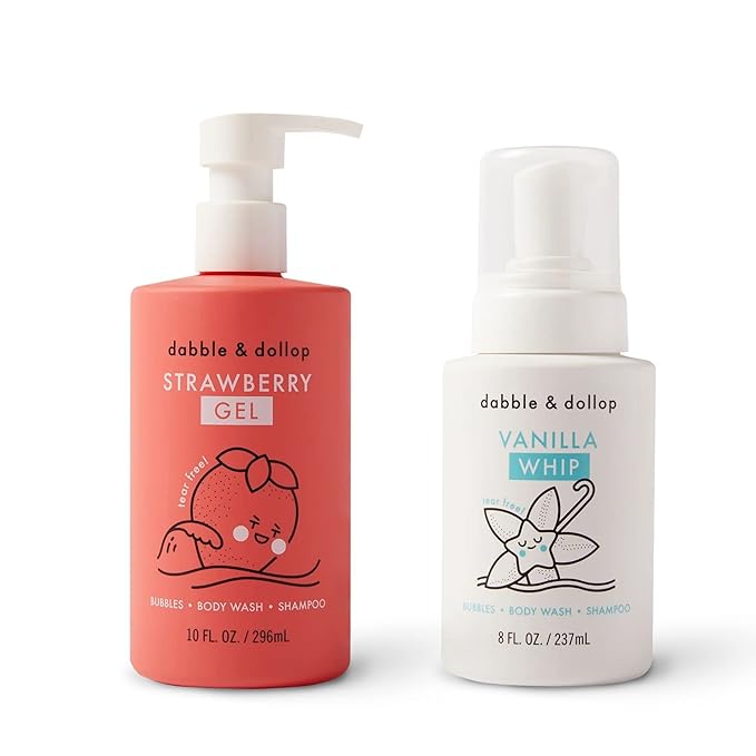 Dabble & Dollop Strawberry + Vanilla Body Wash & Shampoo – 3-in-1 Natural Bubble Bath for Kids, No Parabens or Sulfates, Vegan, Gluten-Free, Tear-Free (2-Pack)