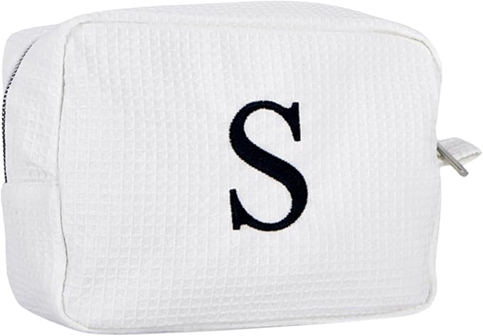 Personalized White Waffle Makeup Bag,Custom Embroidered Initial Cosmetic Pouch for Women,Monogrammed Cosmetic Case,Bridesmaid Gifts (S)