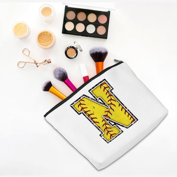Softball Gifts Initial Makeup Bag Monogrammed Cosmetic Bag Letter N Zipper Pouch Softball Accessories for Girls Women Softball Player Coach Friend Softball Stuff Graduation Birthday Gifts