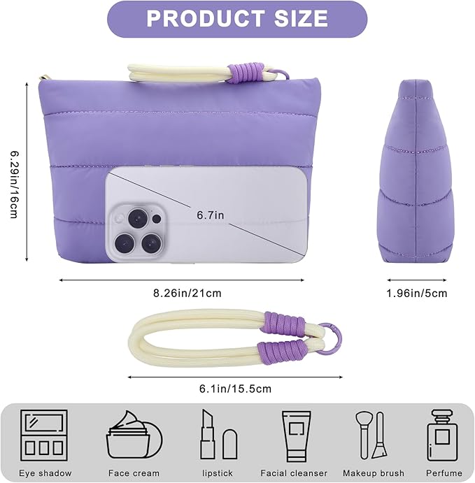 DOB SECHS Striped Quilted Makeup Bag with Wristlet Strap Cute Puffy Cotton Cosmetic Bag for Women, Small Puffer Toiletry Zipper Make Up Pouch, Quilt Clutch Bag Travel Organizer Storage Pouches, Purple