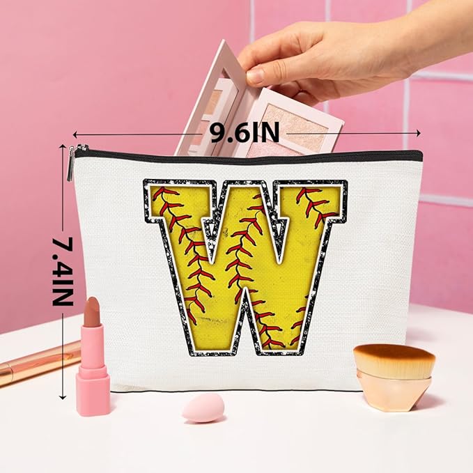 Softball Gifts Initial Monogrammed Cosmetic Bag Yellow Letter W Zipper Pouch Accessories for Girls Women Softball Player Coach Friend Graduation Birthday Gifts